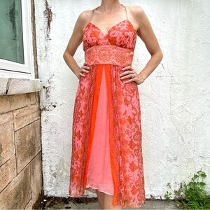 Laundry by Shelli Segal Early 2000 Orange Coral Floral Beaded Print Halter Dress